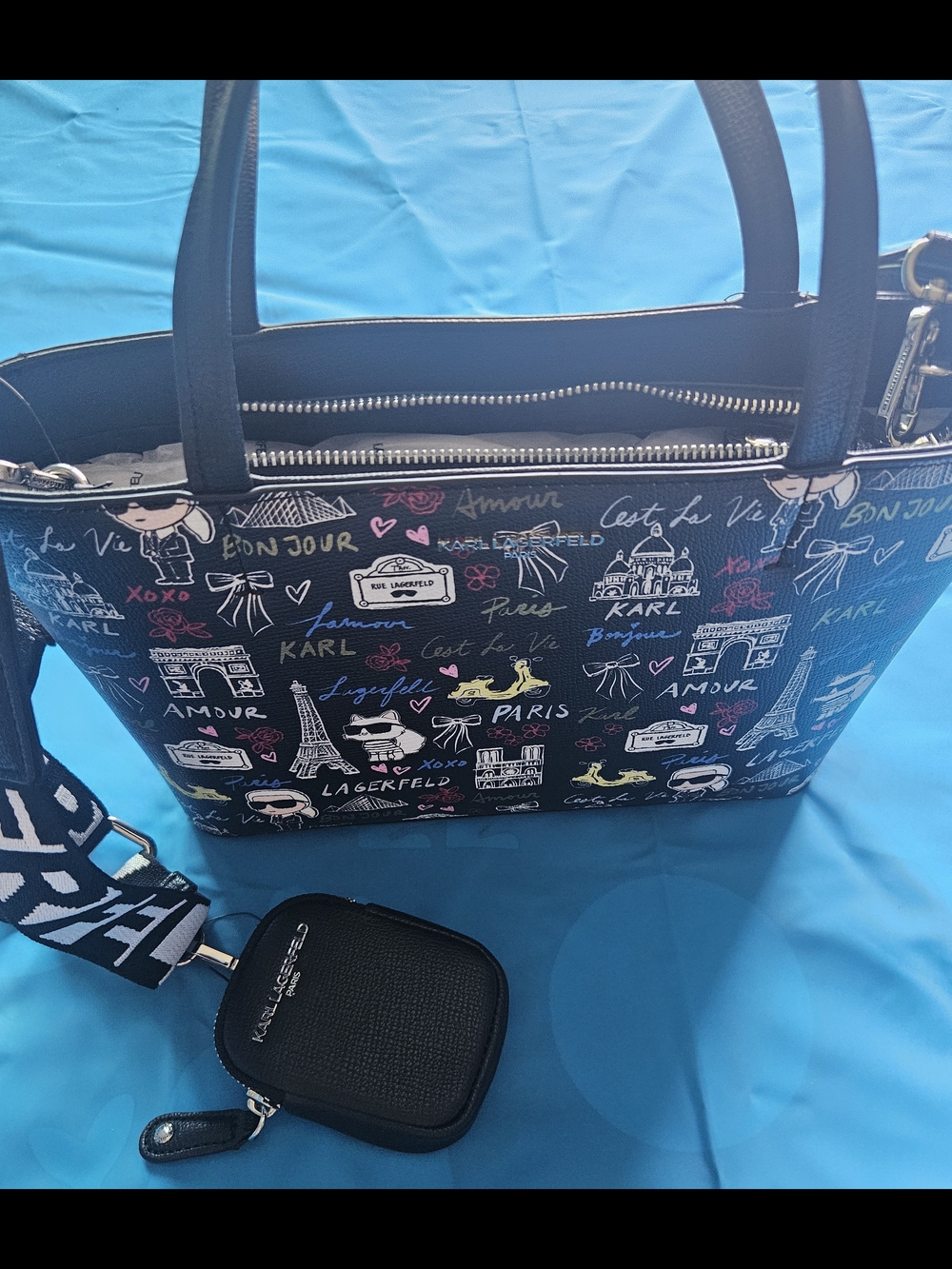 Karl Lagerfeld Black Paris Print Tote with Logo Strap - Picture 4 of 7